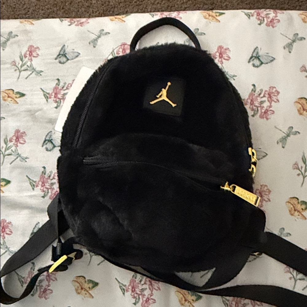 Jordan Black Faux-Fur Mini Backpack with Gold Hardware